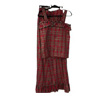 Red Green Plaid‎ Tartan Dress Handmade Ruffle Long Formal Sz Small